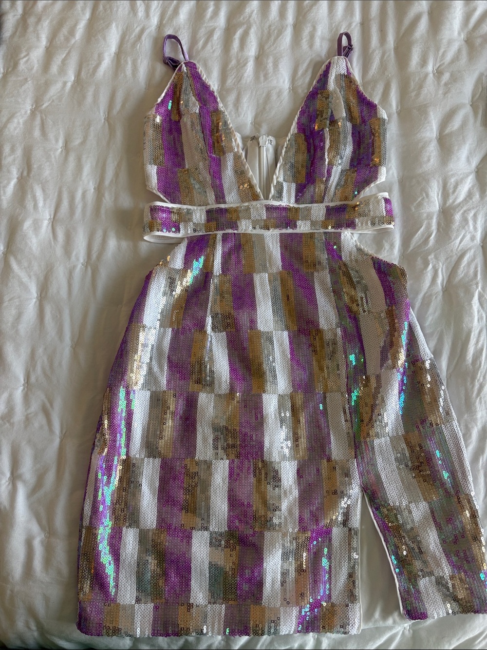 Hello Molly Sequin Striped Party Dress in Purple, Gold & White